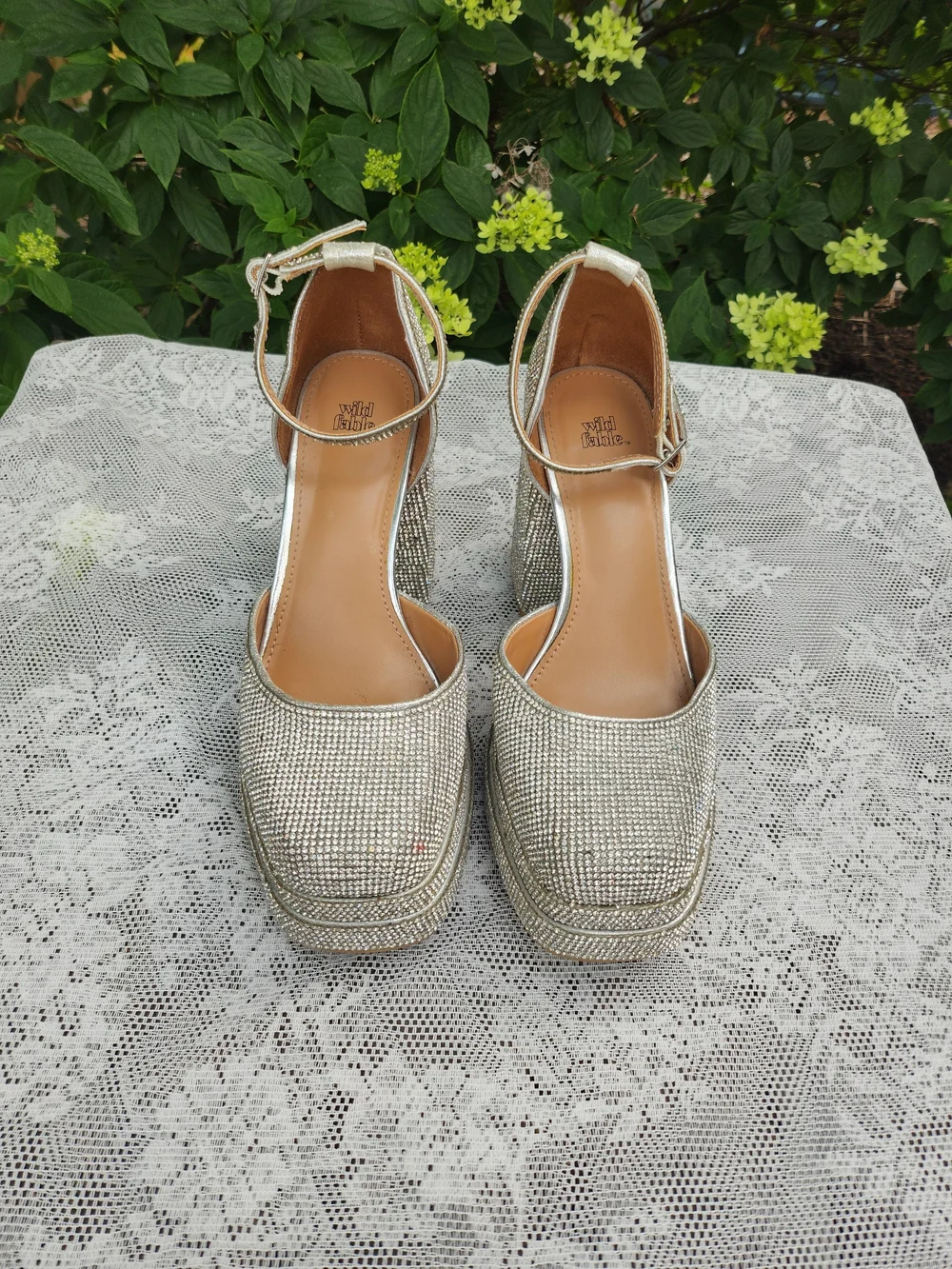 wild fable Silver 7 Rhinestone Crystal Platform Block Heels